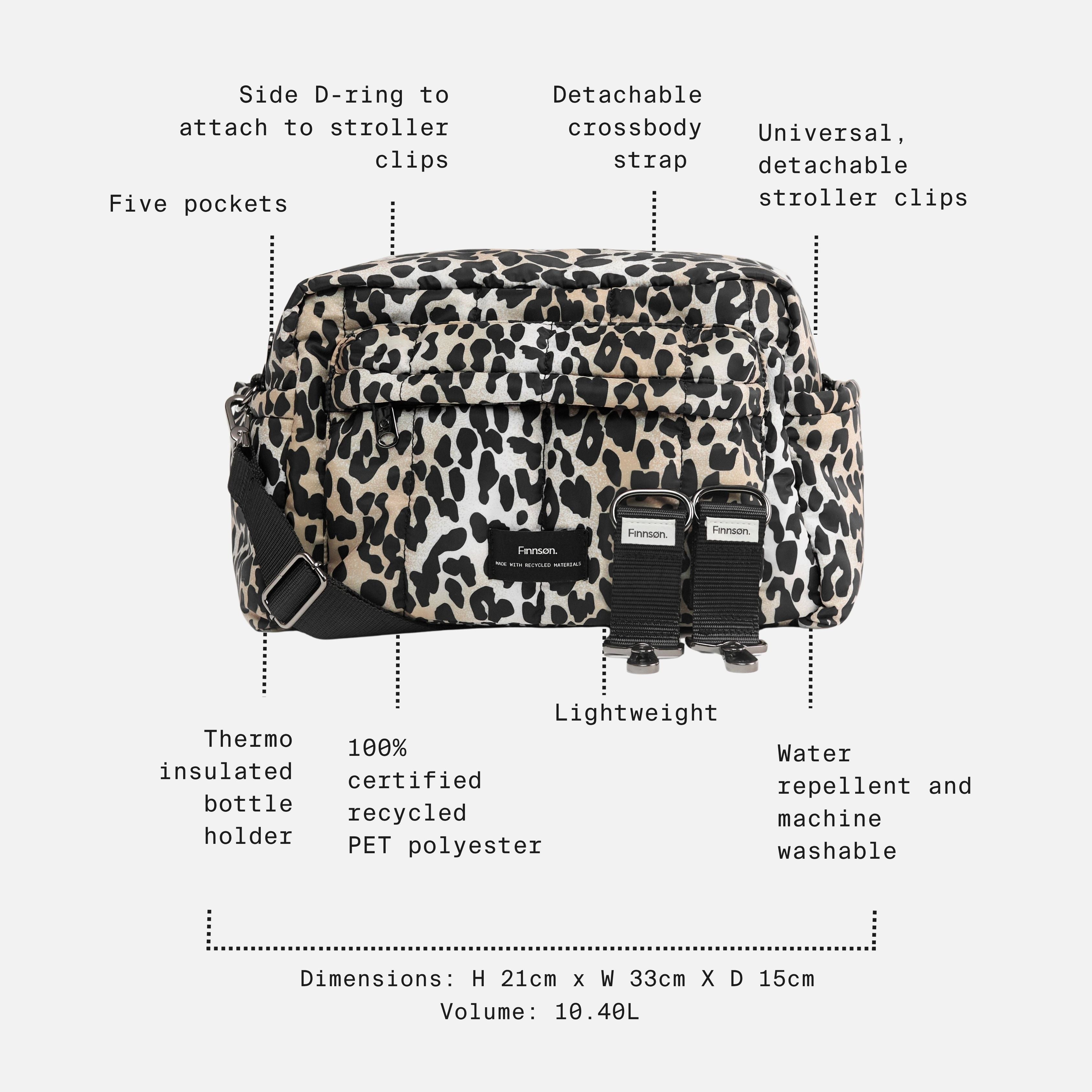 Freya Eco Oversized Stroller Organiser in Leopard with feature call-outs: five pockets, bottle holder, 10.4L