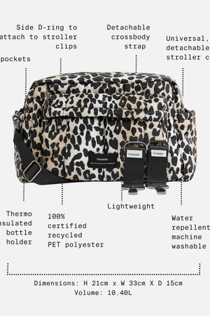 Freya Eco Oversized Stroller Organiser in Leopard with feature call-outs: five pockets, bottle holder, 10.4L