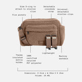 Freya Eco Stroller Organiser in Mocha Borg with call-outs: five pockets, bottle holder, washable, 21 x 33 x 15cm, 10.4L