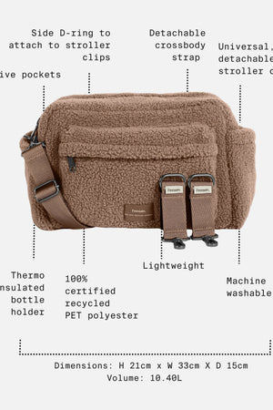 Freya Eco Stroller Organiser in Mocha Borg with call-outs: five pockets, bottle holder, washable, 21 x 33 x 15cm, 10.4L