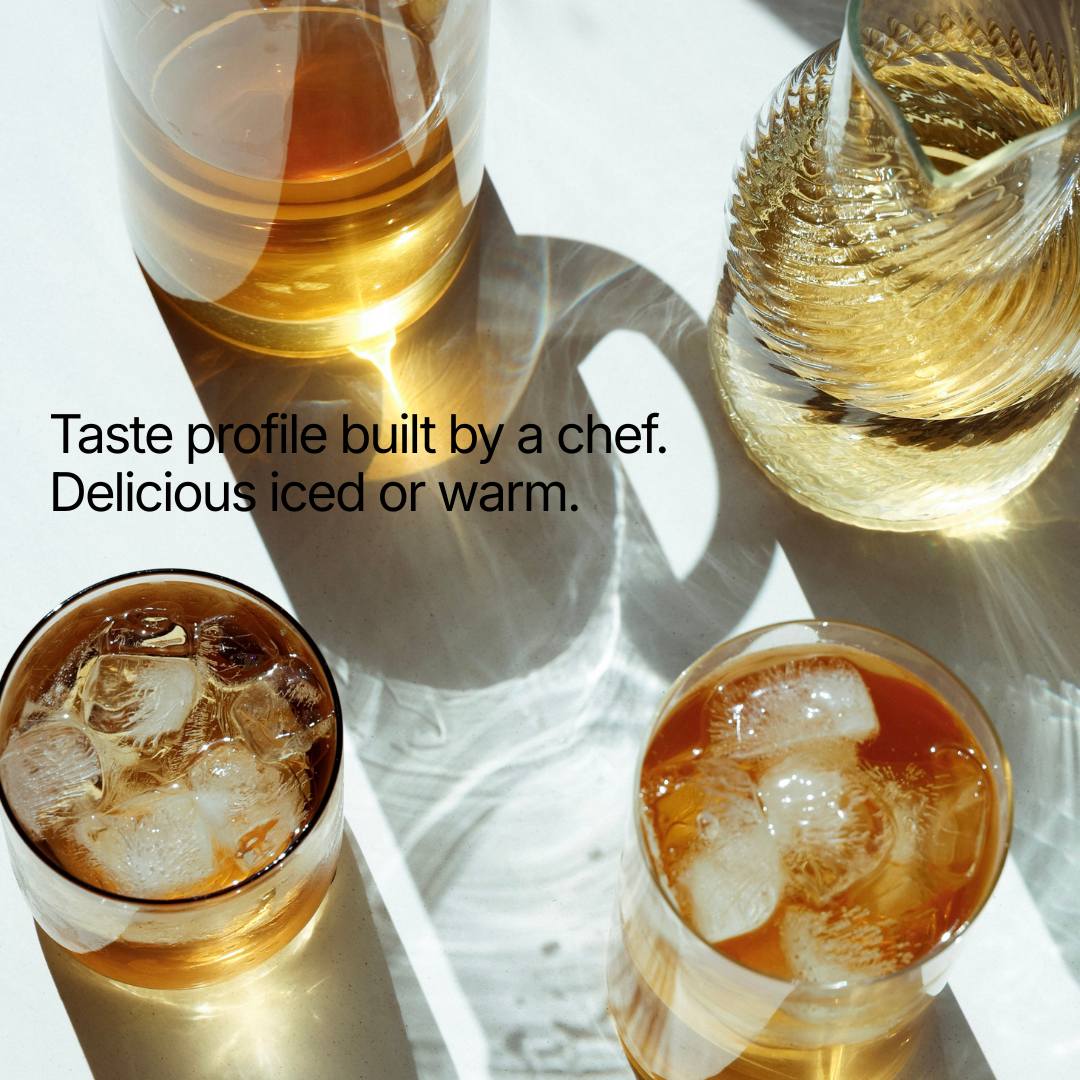 Four glasses of iced and warm beverages on a white surface with text about a chef's taste profile.