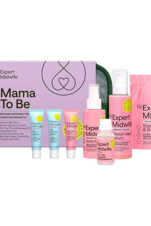 Collection of 'My Expert Midwife' pregnancy skincare products on a white background