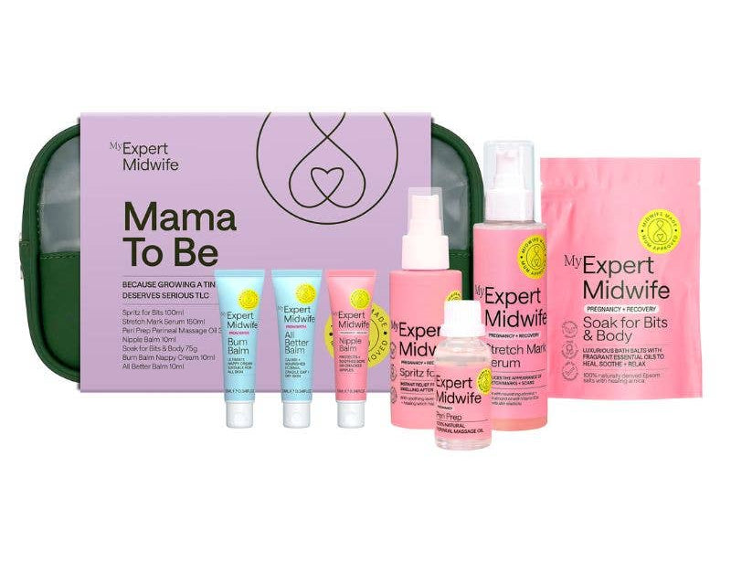 Collection of 'My Expert Midwife' pregnancy skincare products on a white background