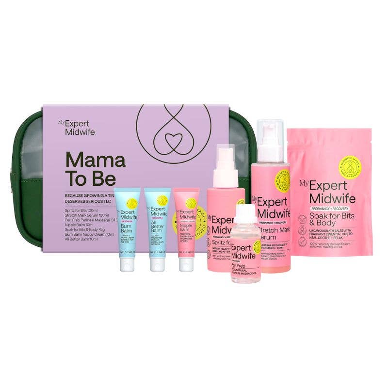 Collection of 'My Expert Midwife' pregnancy skincare products on a white background