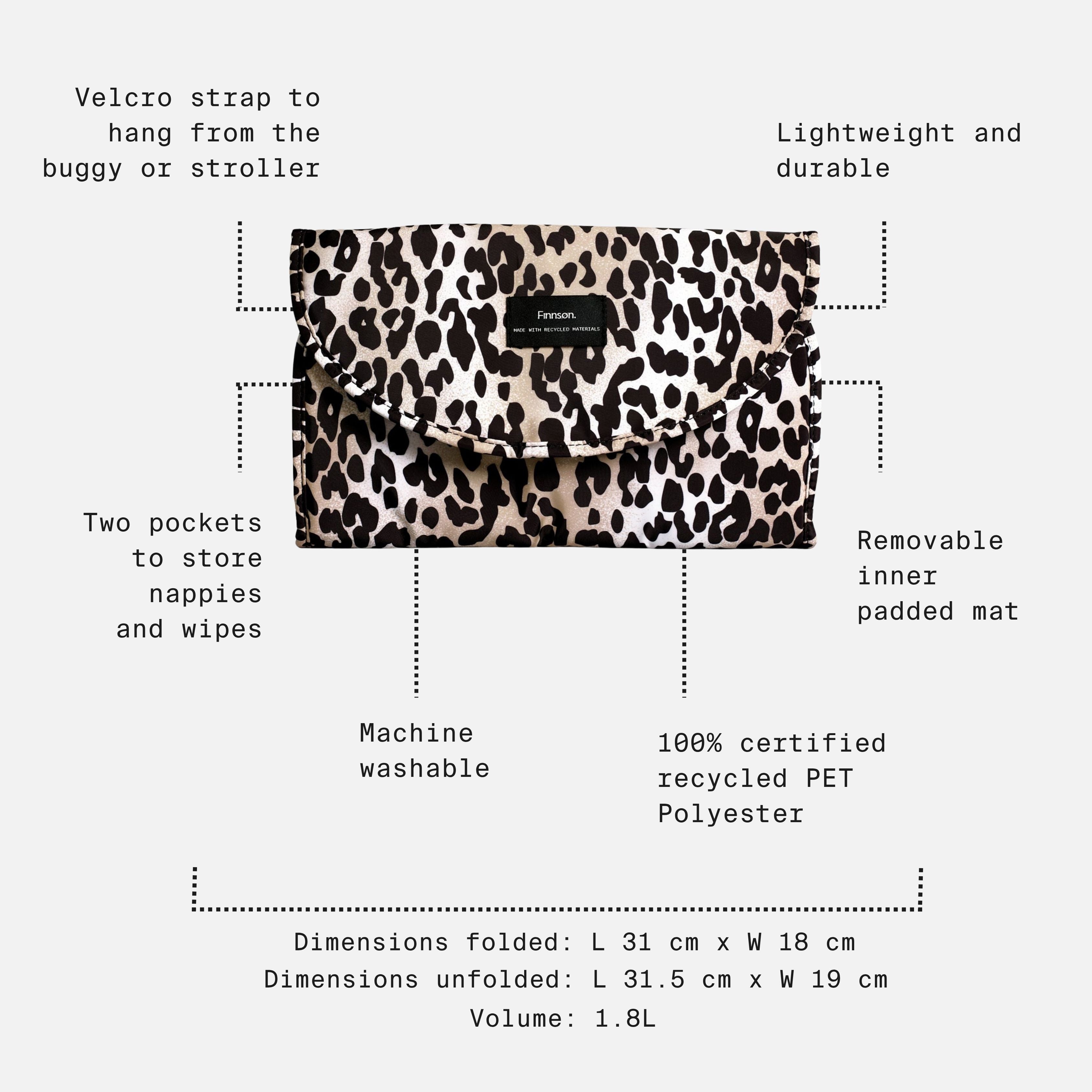 Oslo Eco Travel Changing Mat in Leopard with feature call-outs: two pockets, removable mat, machine washable, 1.8L