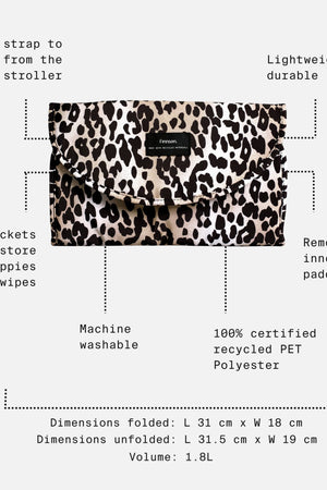 Oslo Eco Travel Changing Mat in Leopard with feature call-outs: two pockets, removable mat, machine washable, 1.8L