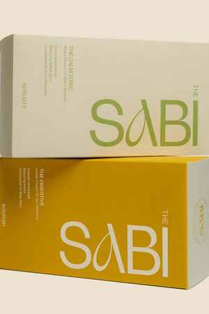 Two 'The Sabi' boxes, one beige and one yellow, on a beige background.