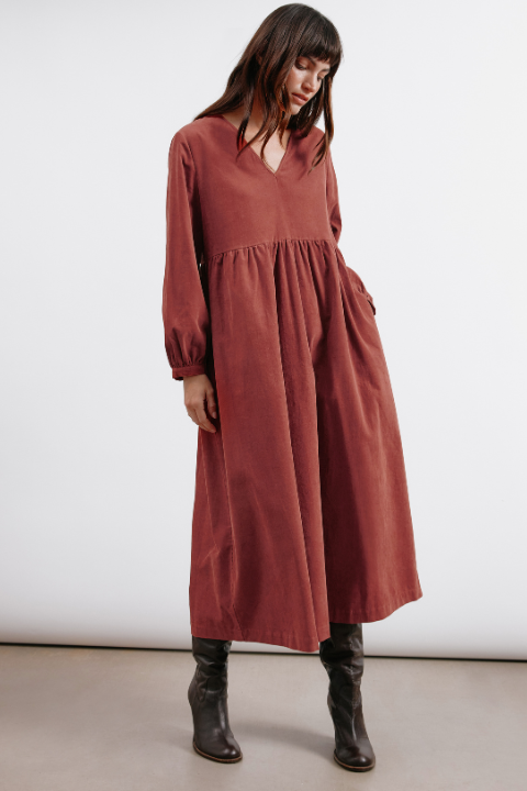 Cord V Neck Gathered Midi Dress