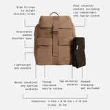 Elise Eco Changing Backpack Mocha feature call-outs: D-rings, four internal pockets, bottle holder, 25.54L