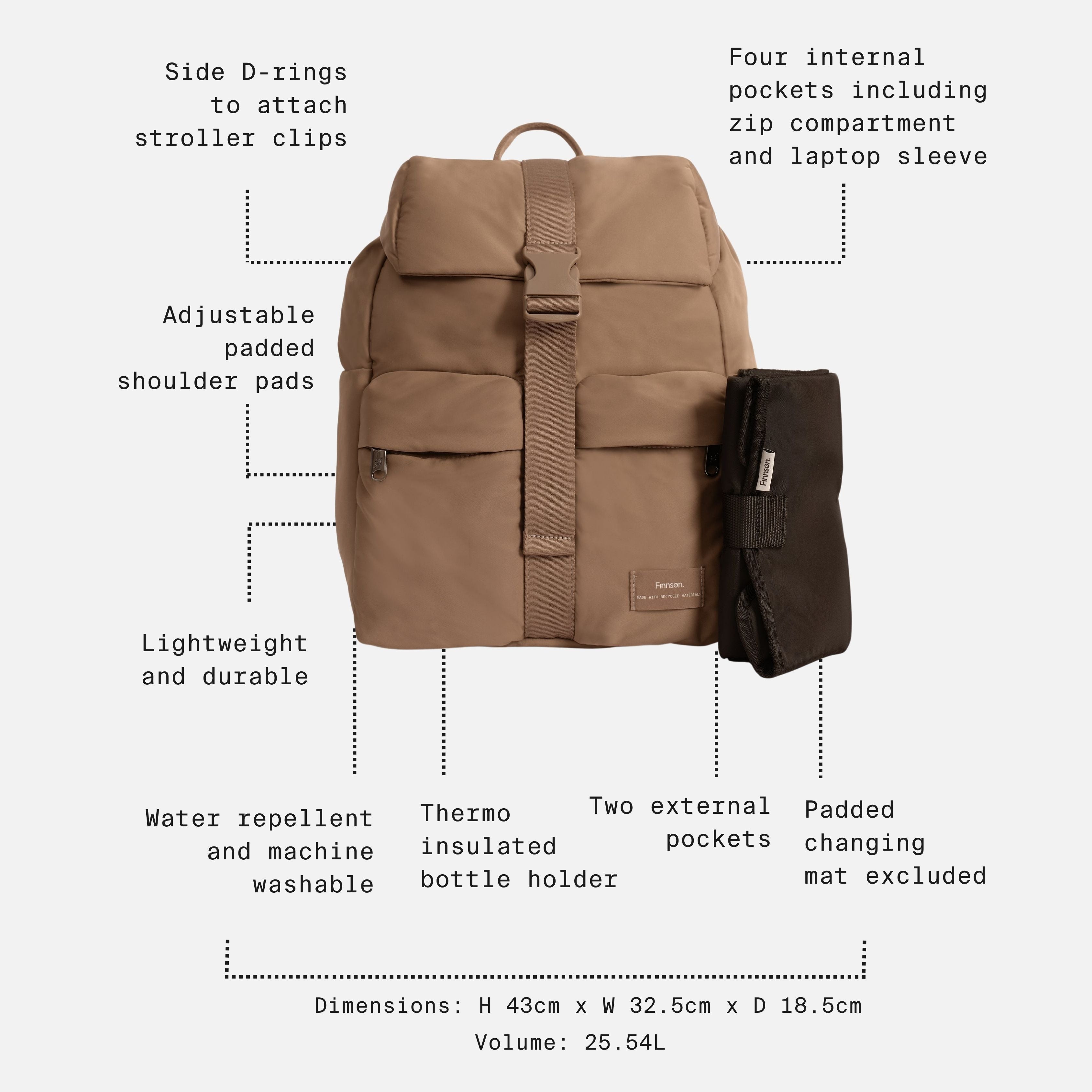 Elise Eco Changing Backpack Mocha feature call-outs: D-rings, four internal pockets, bottle holder, 25.54L