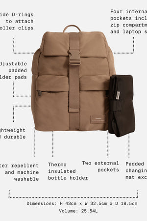 Elise Eco Changing Backpack Mocha feature call-outs: D-rings, four internal pockets, bottle holder, 25.54L