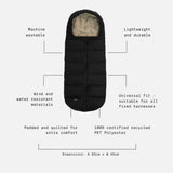 Alma Eco Quilted Footmuff Black feature call-outs: machine washable, wind and water resistant, universal fit, 83cm x 45cm