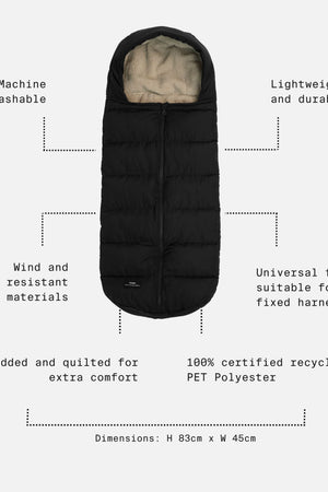 Alma Eco Quilted Footmuff Black feature call-outs: machine washable, wind and water resistant, universal fit, 83cm x 45cm