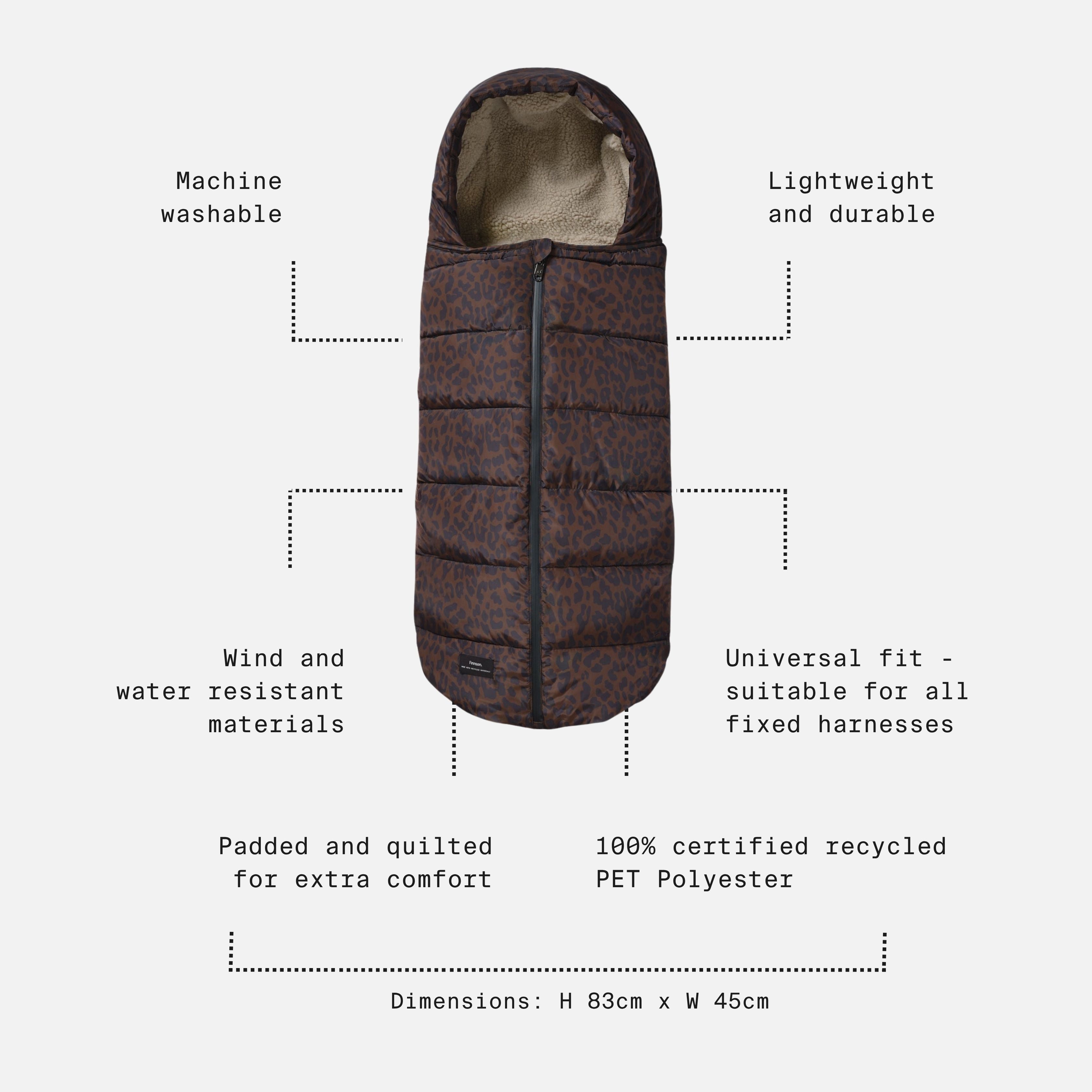A brown and black patterned quilted winter balaclava shown on a light gray background with text callouts describing its features, including machine washable, lightweight and durable, wind and water resistant materials, padded and quilted, and 100% certified recycled PET Polyester.