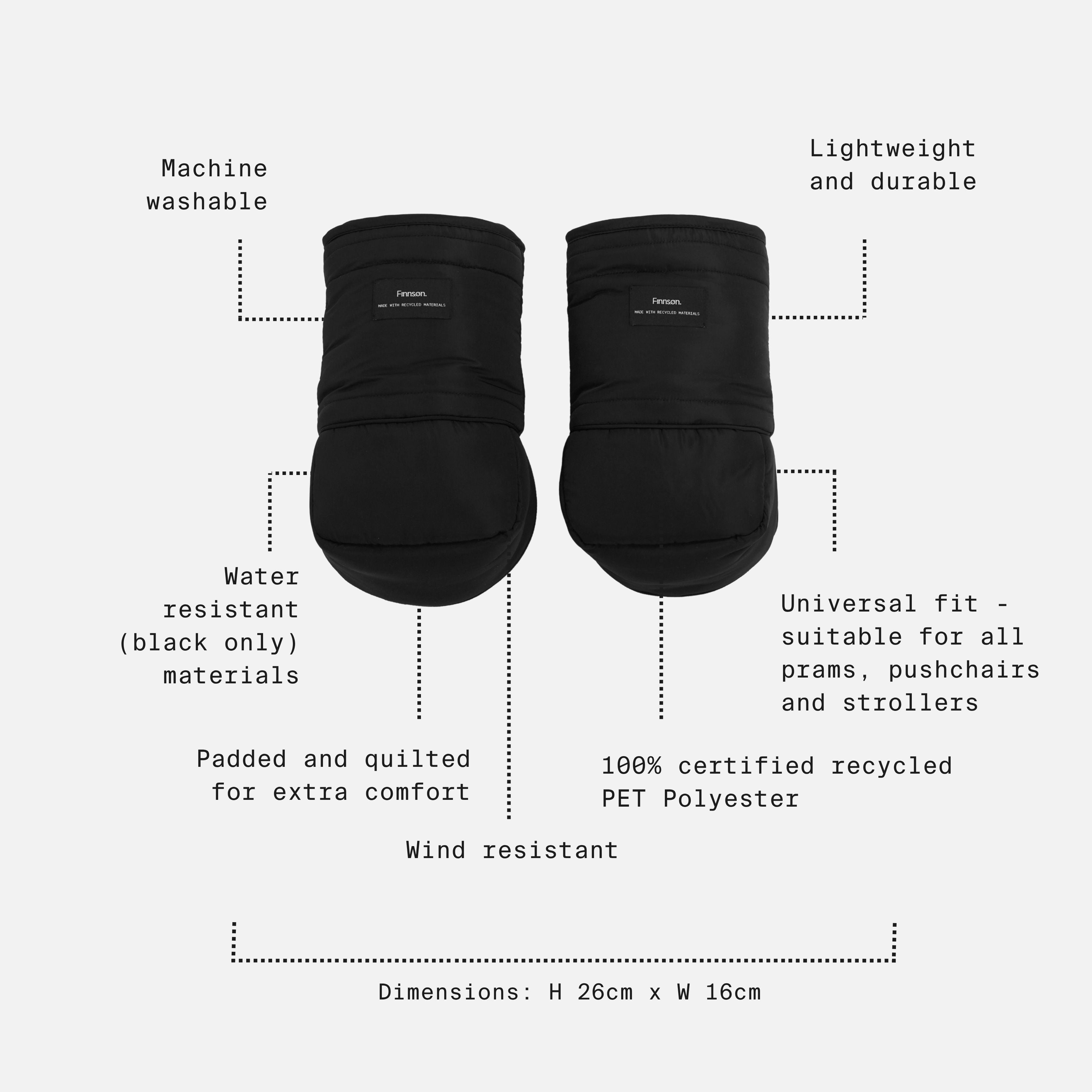 Astrid Eco Stroller Mittens Black, feature call-outs: machine washable, wind resistant, universal fit, recycled polyester, 26cm x 16cm