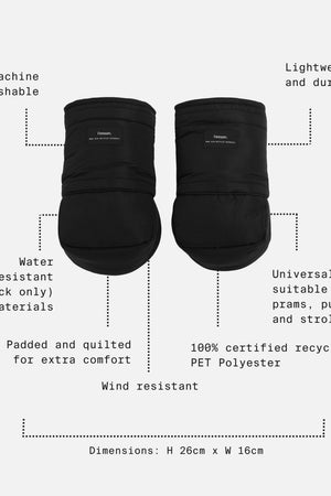 Astrid Eco Stroller Mittens Black, feature call-outs: machine washable, wind resistant, universal fit, recycled polyester, 26cm x 16cm