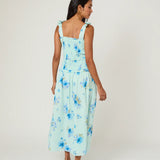 back of Blue floral midi dress on female model 