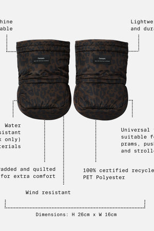 Astrid Eco Universal Stroller Mittens in Chocolate Leopard with feature call-outs: wind resistant, machine washable