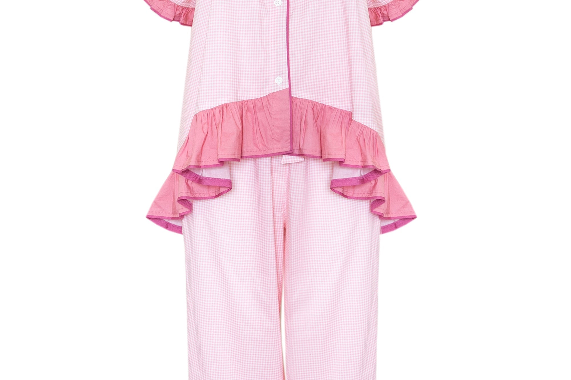 A light pink two-piece pajama set featuring a short-sleeve button-front top with ruffled trim and matching wide-leg pants with ruffled hems, shown on a plain white background.