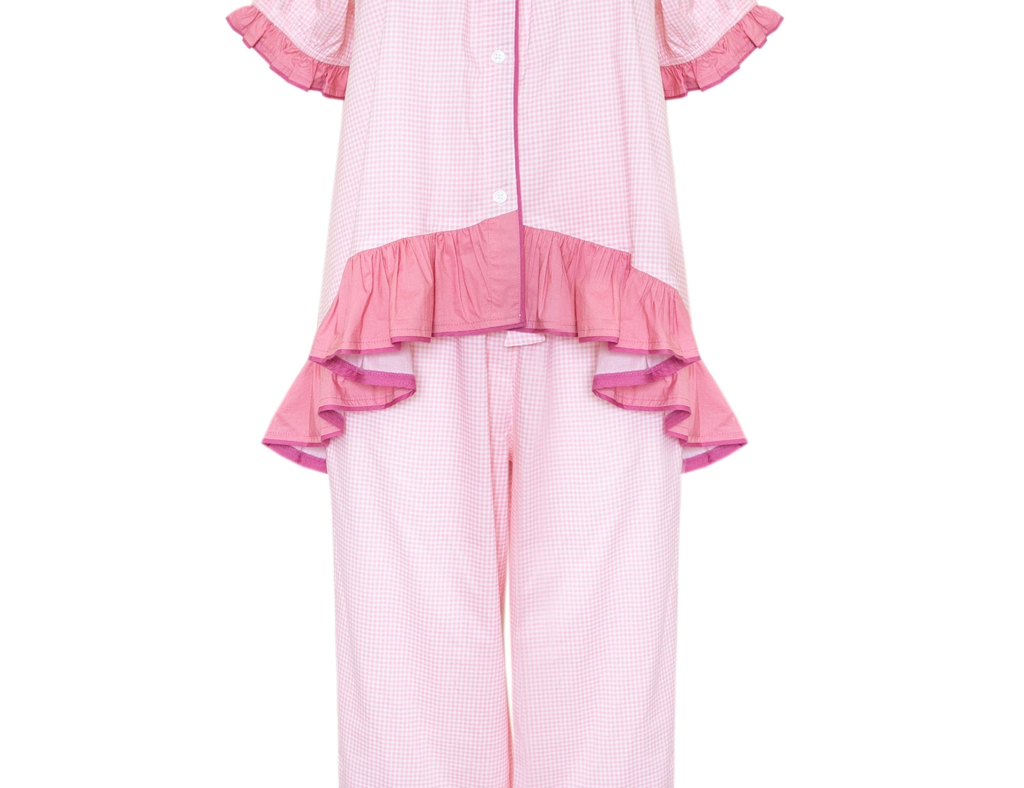 A light pink two-piece pajama set featuring a short-sleeve button-front top with ruffled trim and matching wide-leg pants with ruffled hems, shown on a plain white background.