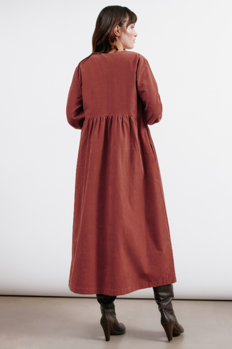 Cord V Neck Gathered Midi Dress
