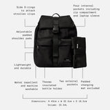 Elise Eco Changing Backpack Black feature call-outs: four internal pockets, bottle holder, 25.54L, 43cm high