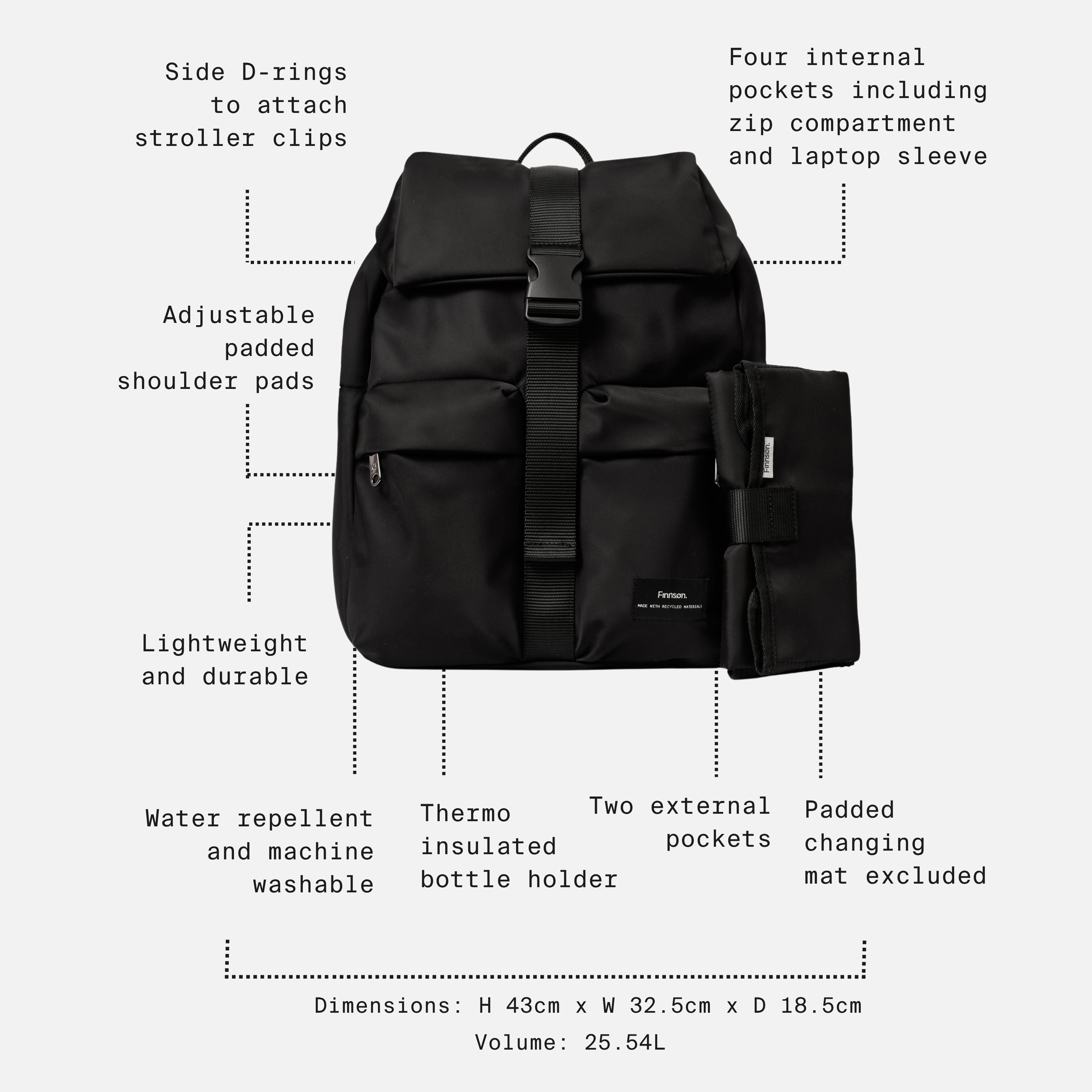 Elise Eco Changing Backpack Black feature call-outs: four internal pockets, bottle holder, 25.54L, 43cm high