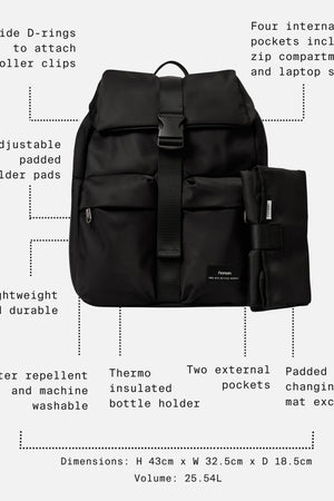 Elise Eco Changing Backpack Black feature call-outs: four internal pockets, bottle holder, 25.54L, 43cm high