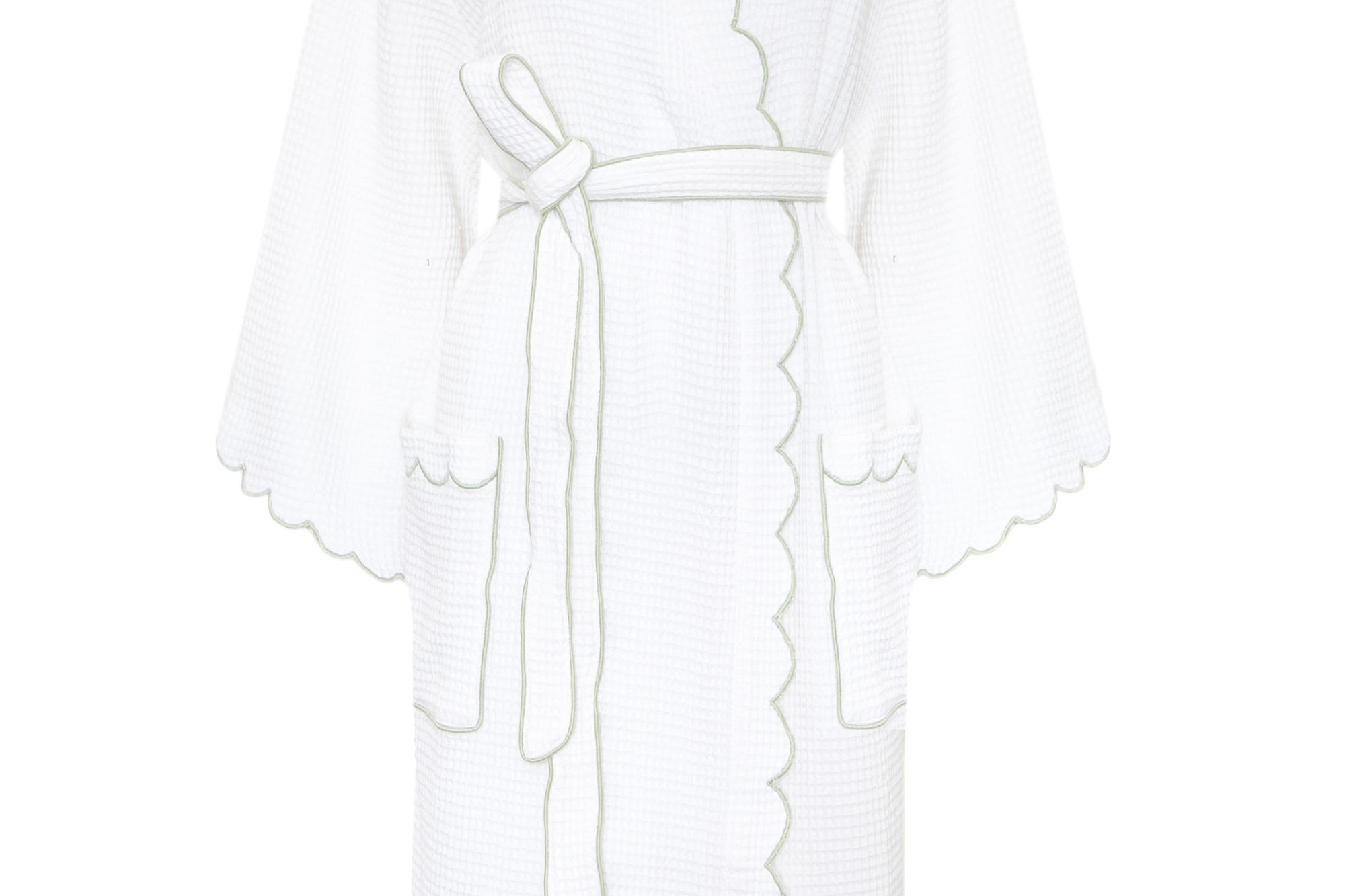 A white textured bathrobe with scalloped edges and a matching tie belt, shown against a plain white background.