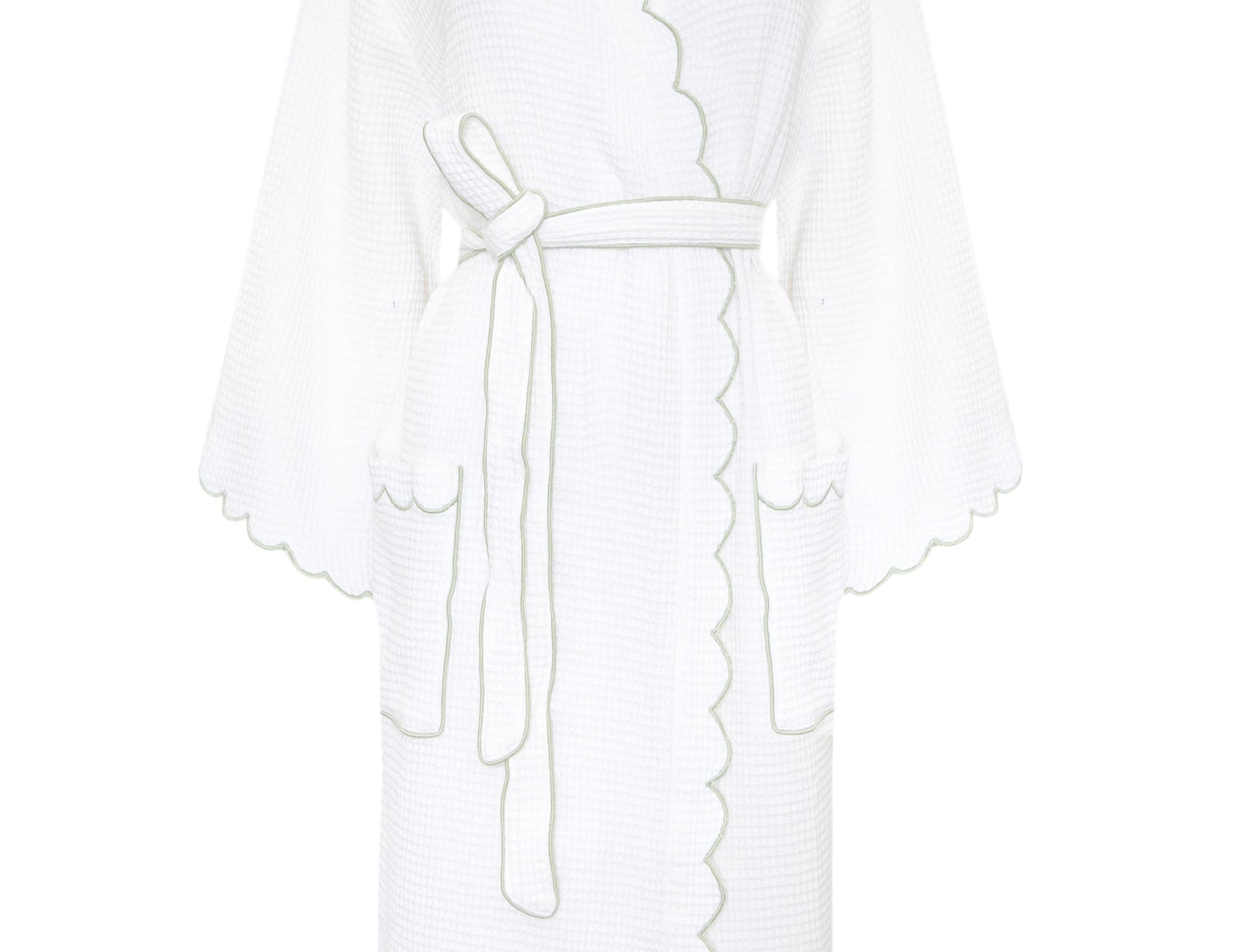 A white textured bathrobe with scalloped edges and a matching tie belt, shown against a plain white background.