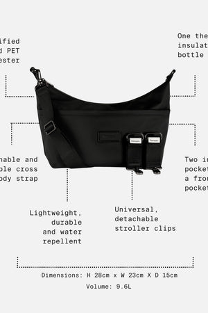 Fia Eco Stroller Organiser Black feature call-outs: bottle holder, three pockets, cross body strap, 9.6L