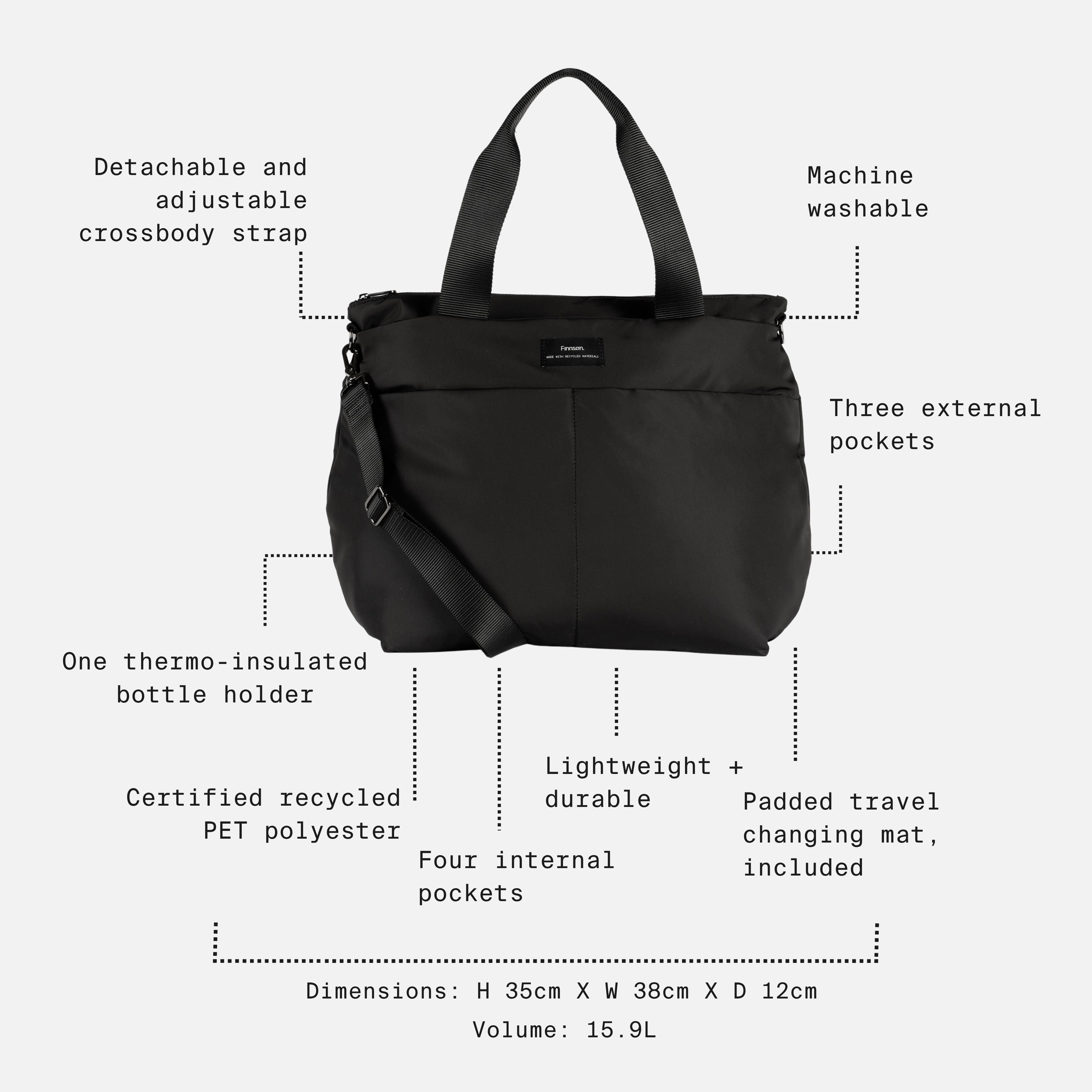 Sigrid Eco Changing Bag black with feature call-outs: pockets, bottle holder, changing mat, 15.9L