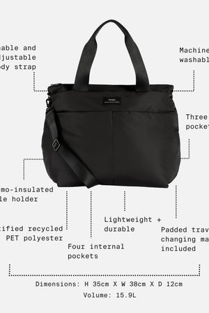 Sigrid Eco Changing Bag black with feature call-outs: pockets, bottle holder, changing mat, 15.9L