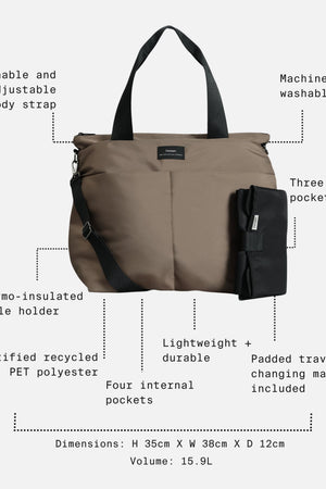 Sigrid Eco Changing Bag in Mocha feature call-outs: crossbody strap, pockets, bottle holder, changing mat, 15.9L