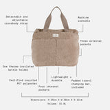 Sigrid Eco Changing Bag beige feature call-outs: three outer pockets, four inner pockets, changing mat, 15.9L