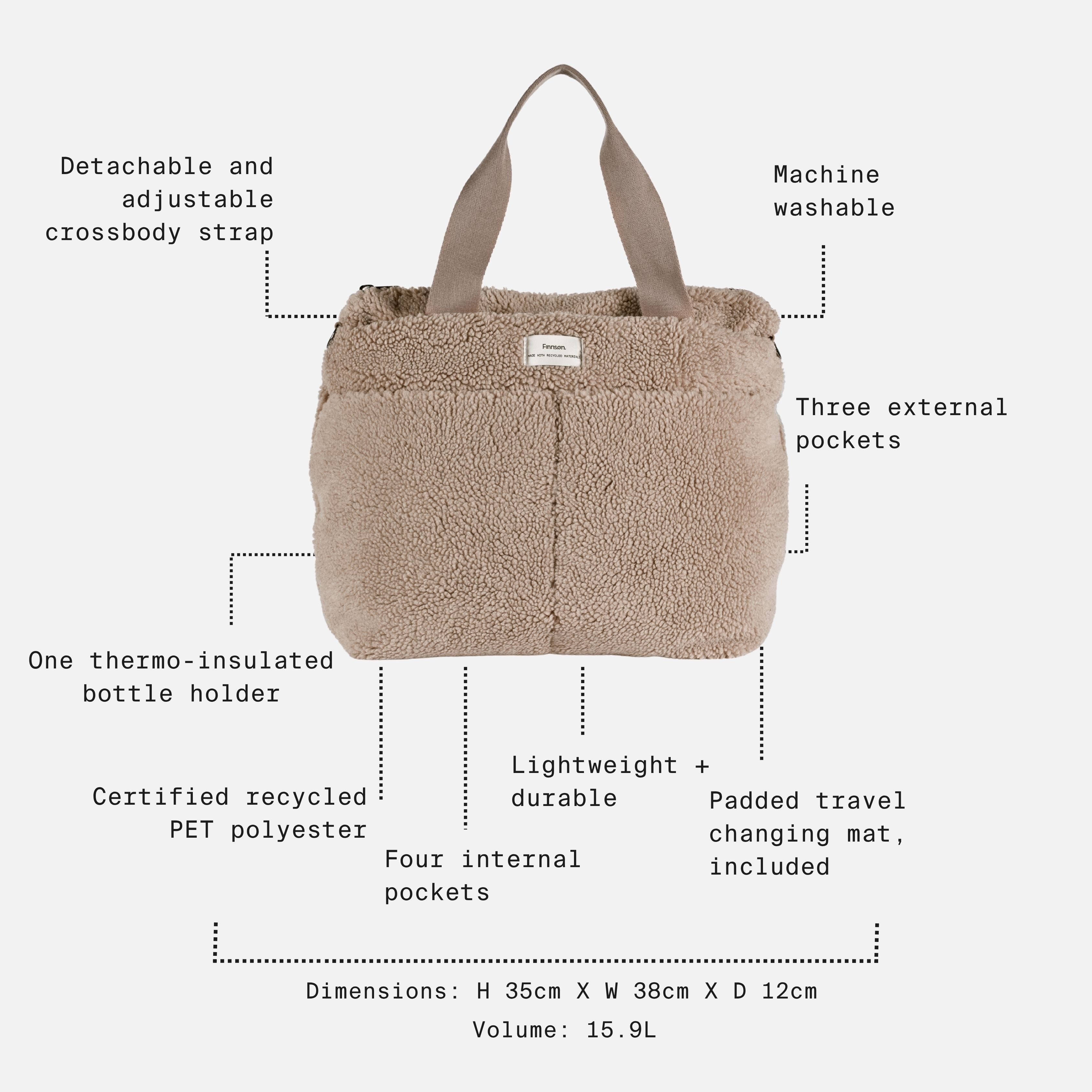 Sigrid Eco Changing Bag beige feature call-outs: three outer pockets, four inner pockets, changing mat, 15.9L