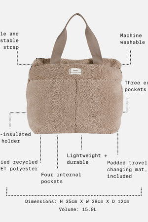 Sigrid Eco Changing Bag beige feature call-outs: three outer pockets, four inner pockets, changing mat, 15.9L