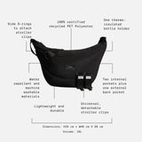 Osma Eco Stroller Organiser Black with feature call-outs: stroller clips, bottle holder, pockets, 10L volume