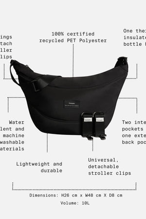Osma Eco Stroller Organiser Black with feature call-outs: stroller clips, bottle holder, pockets, 10L volume