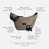 Osma Eco Stroller Organiser in Mocha with feature call-outs: recycled polyester, bottle holder, stroller clips, 10L