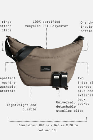 Osma Eco Stroller Organiser in Mocha with feature call-outs: recycled polyester, bottle holder, stroller clips, 10L