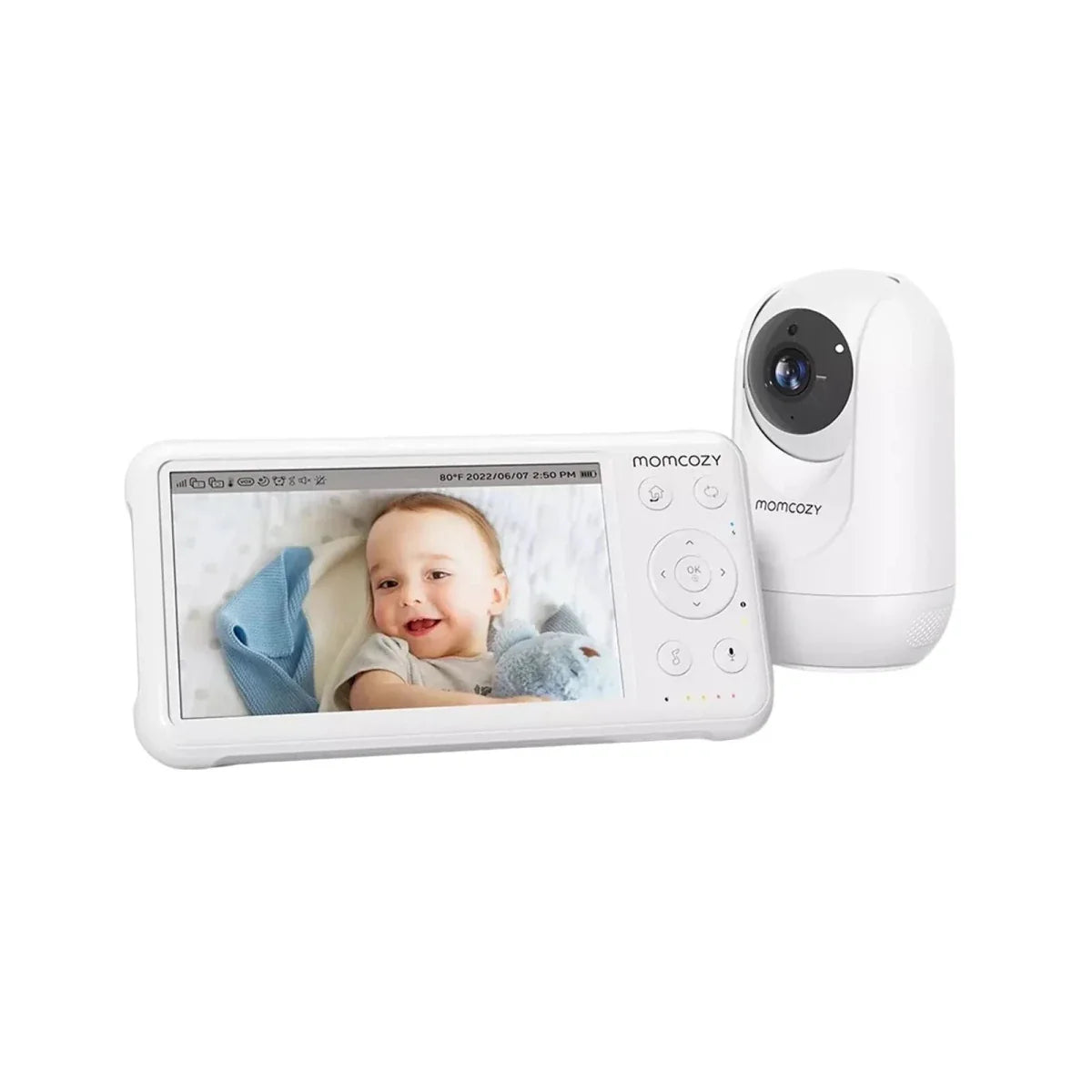 Baby monitor with screen displaying a baby and camera on a white background