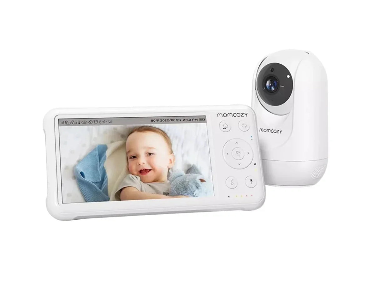 Baby monitor with screen displaying a baby and camera on a white background