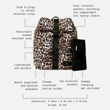 Elise Eco Changing Backpack Leopard feature call-outs: pockets, bottle holder, D-rings, 25.54L, mat not included