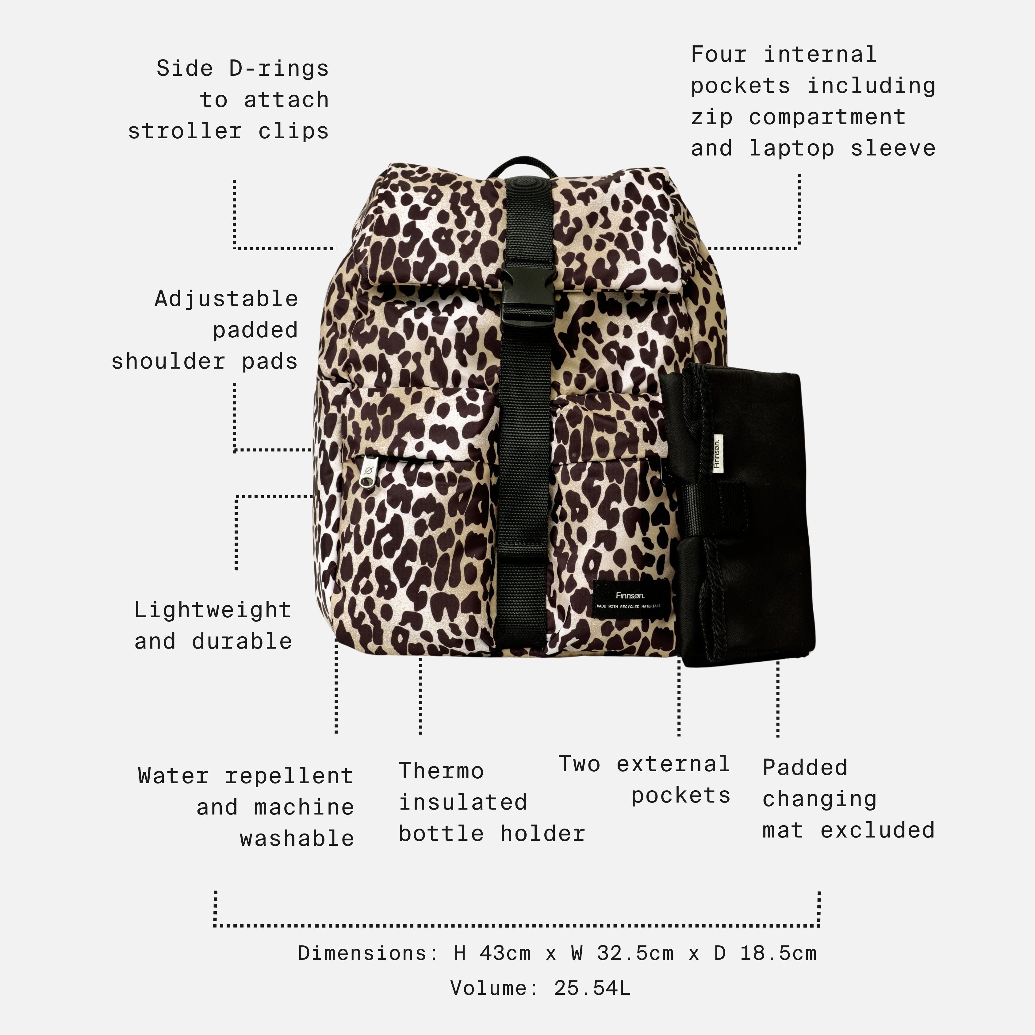 Elise Eco Changing Backpack Leopard feature call-outs: pockets, bottle holder, D-rings, 25.54L, mat not included