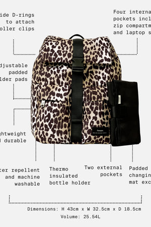 Elise Eco Changing Backpack Leopard feature call-outs: pockets, bottle holder, D-rings, 25.54L, mat not included