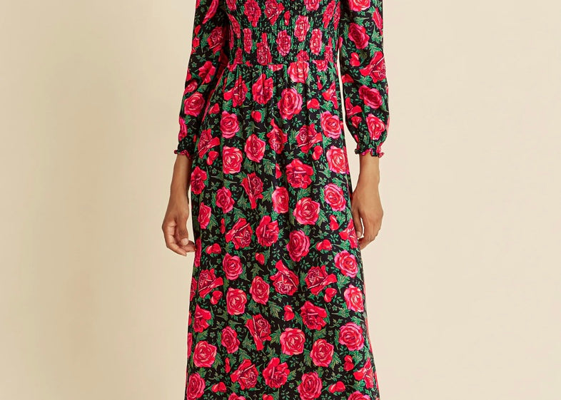 Rose Print Shirred Bodice Dress