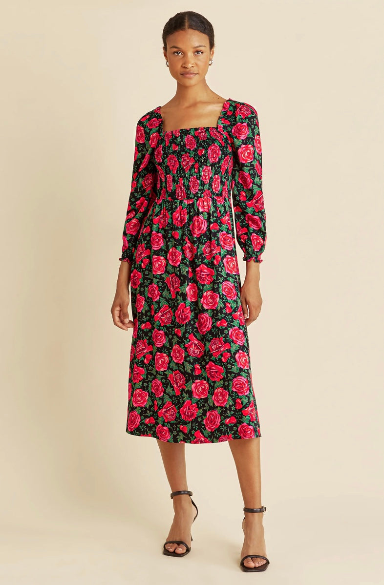 Print Shirred Bodice Dress