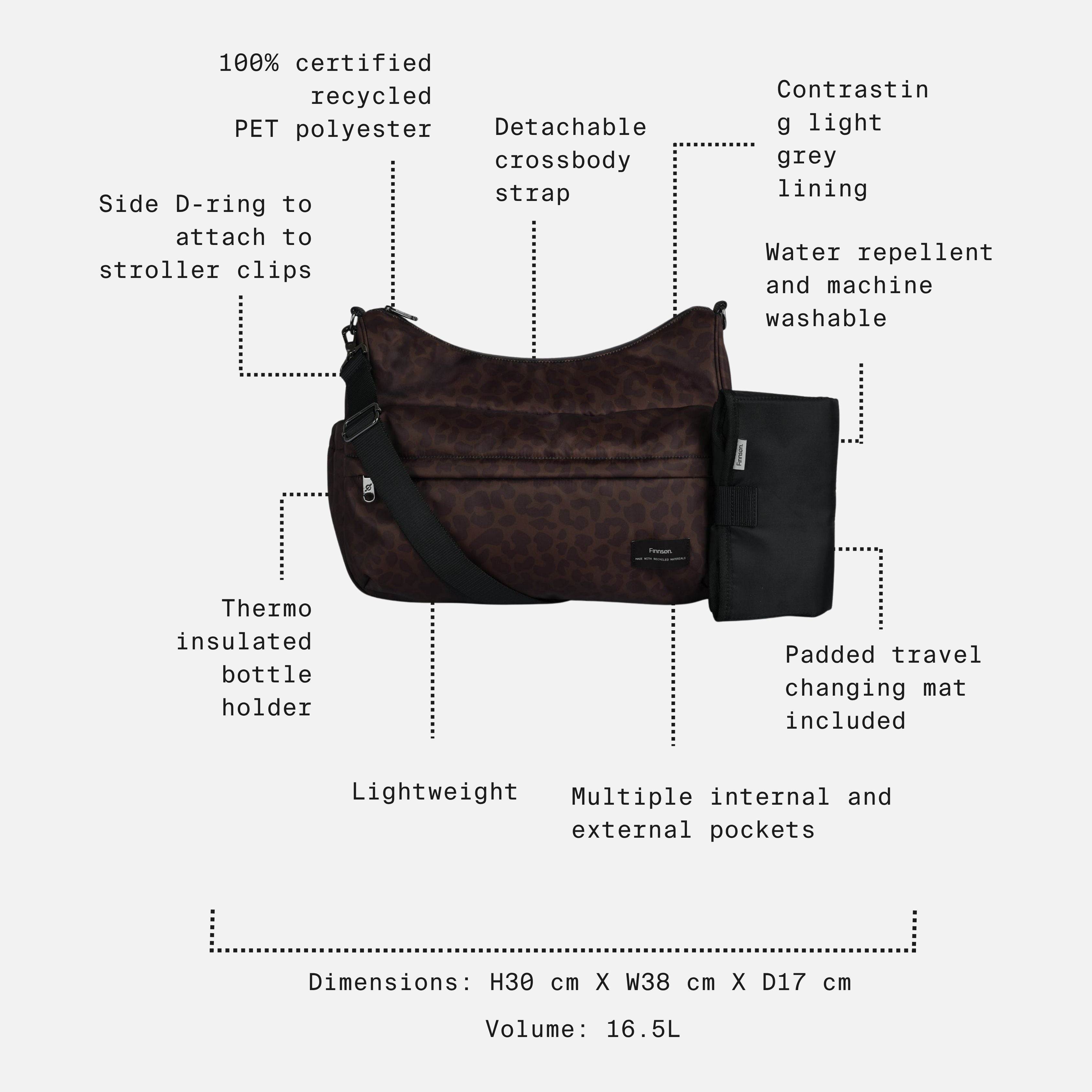 Clara Eco Changing Bag, Chocolate Leopard, feature call-outs: recycled fabric, bottle holder, mat included, 16.5L