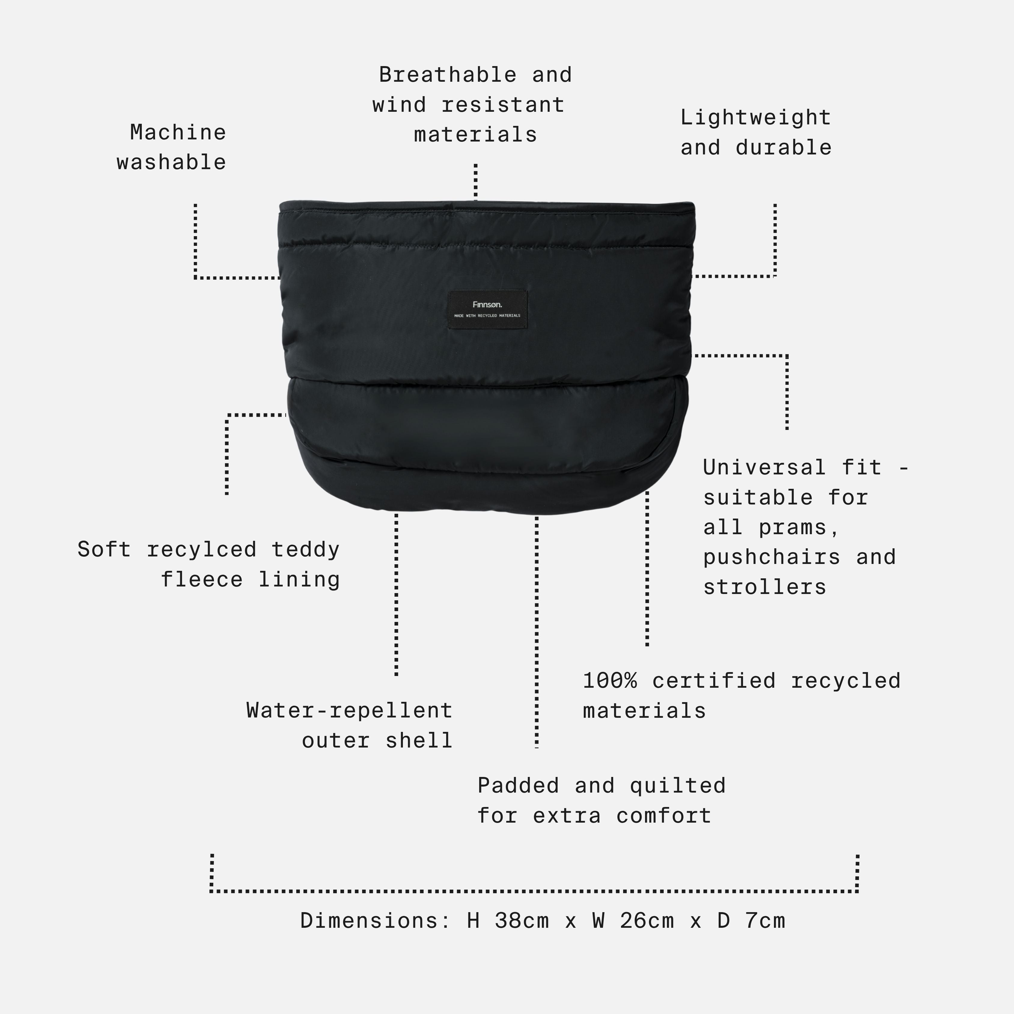 Agnar Eco stroller mitten in black, feature call-outs: machine washable, water-repellent, fleece lined, 38cm high